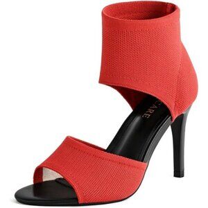 Red 3 Inches Peep Toe Synthetic Stiletto Stretchy Heeled Sandals for Women